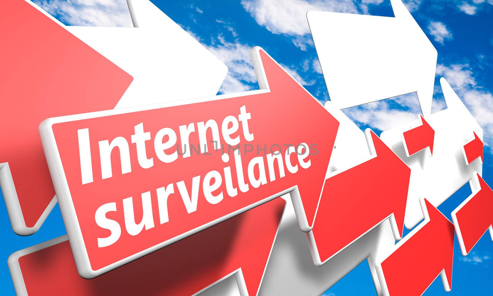 Internet surveillance 3d render concept with red and white arrows flying in a blue sky with clouds
