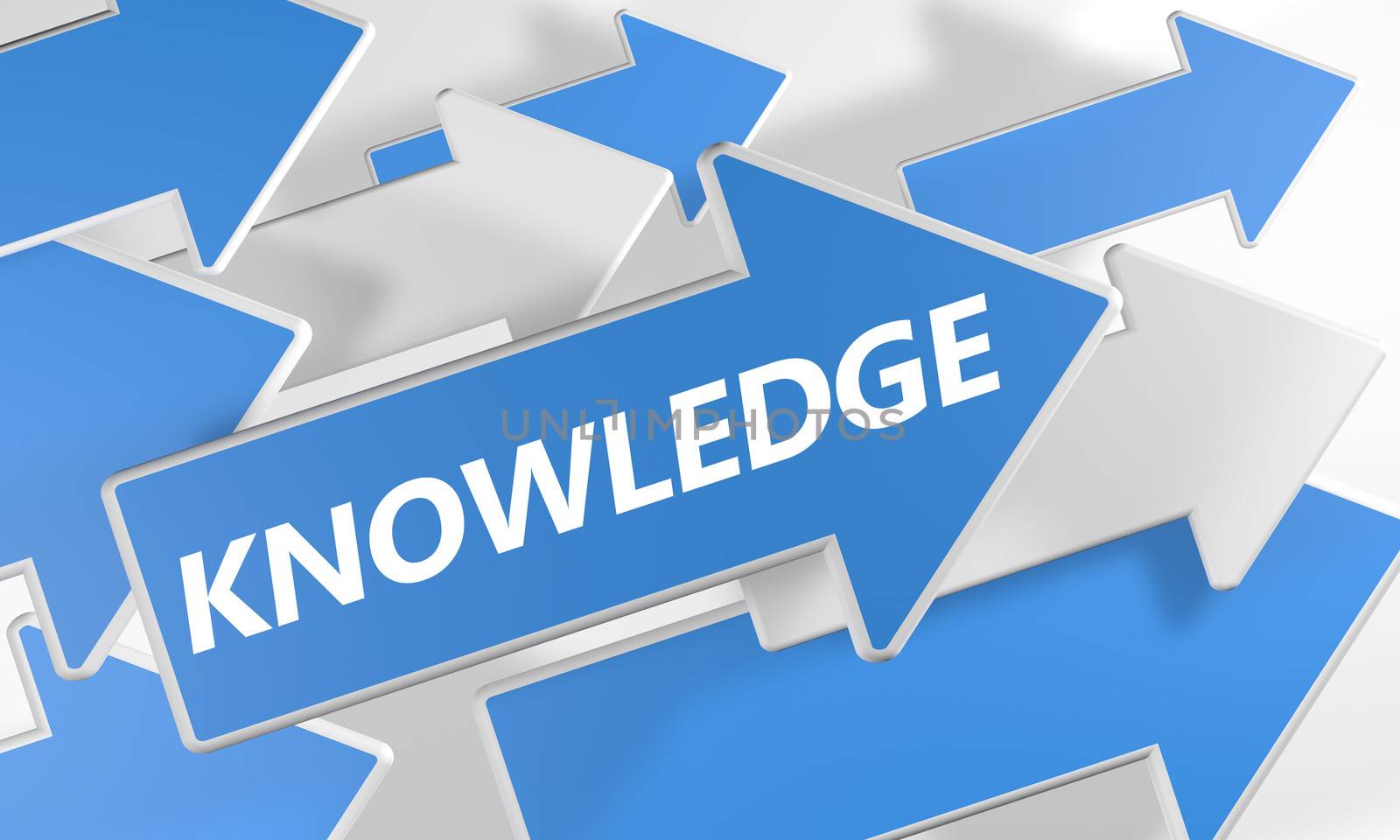 Knowledge 3d render concept with blue and white arrows flying over a white background.