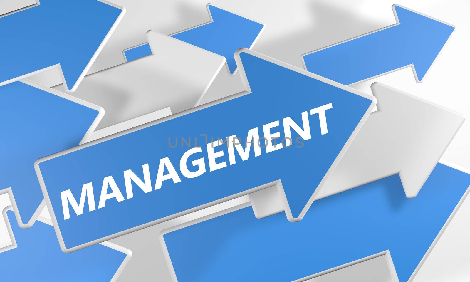 Management 3d render concept with blue and white arrows flying over a white background.