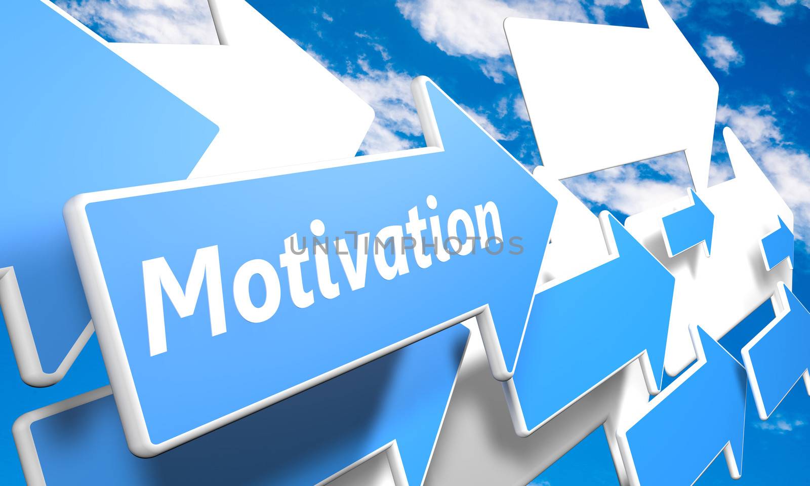 Motivation 3d render concept with blue and white arrows flying in a blue sky with clouds