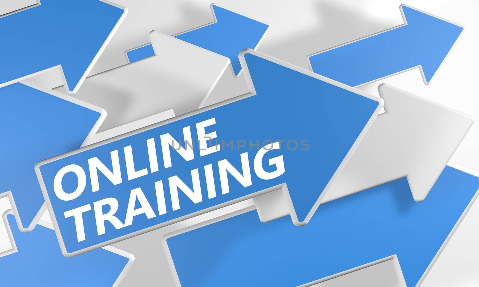 Online Training 3d render concept with blue and white arrows flying over a white background.