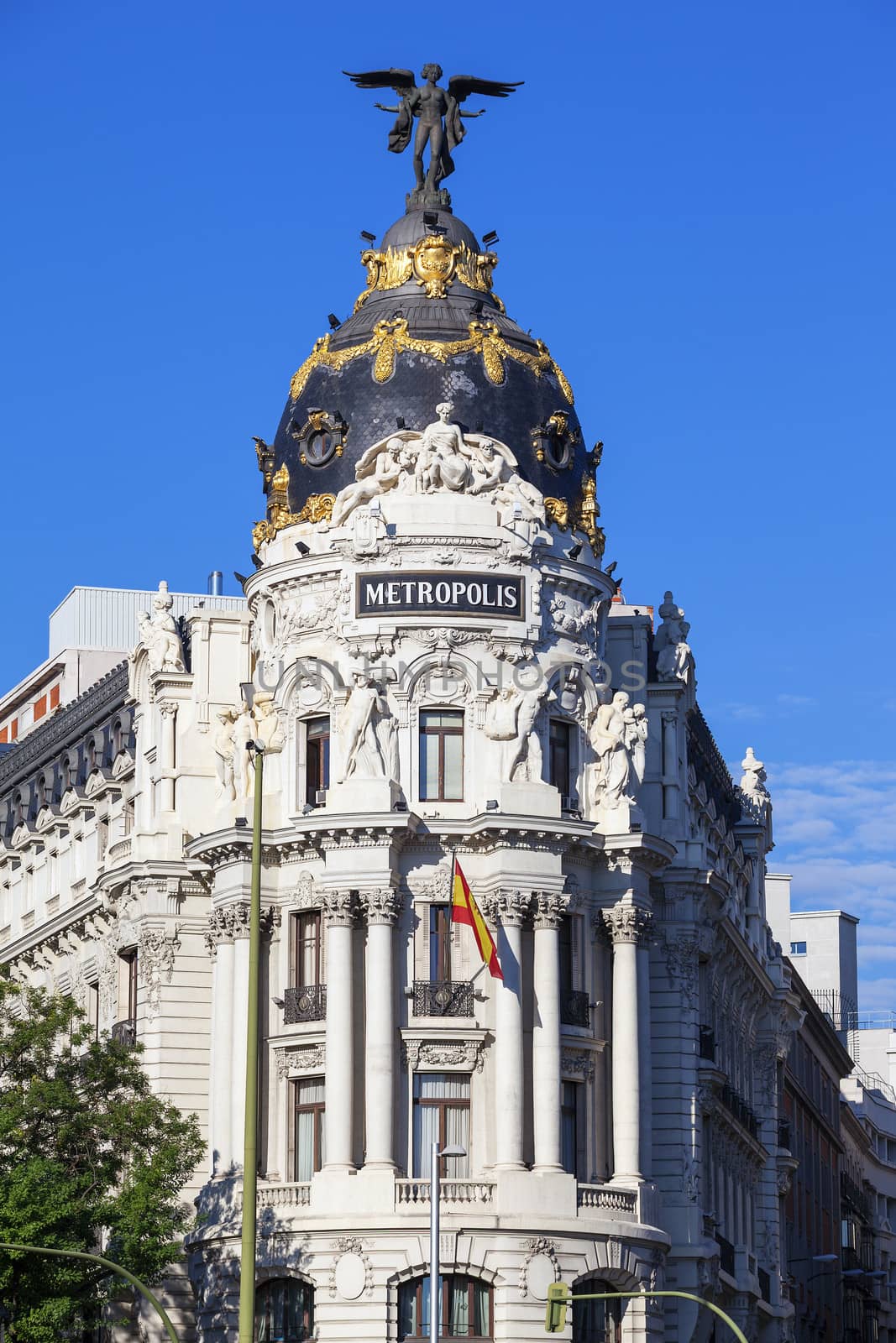 view from Gran Via, main shopping street in Madrid, capital of Spain, Europe. 