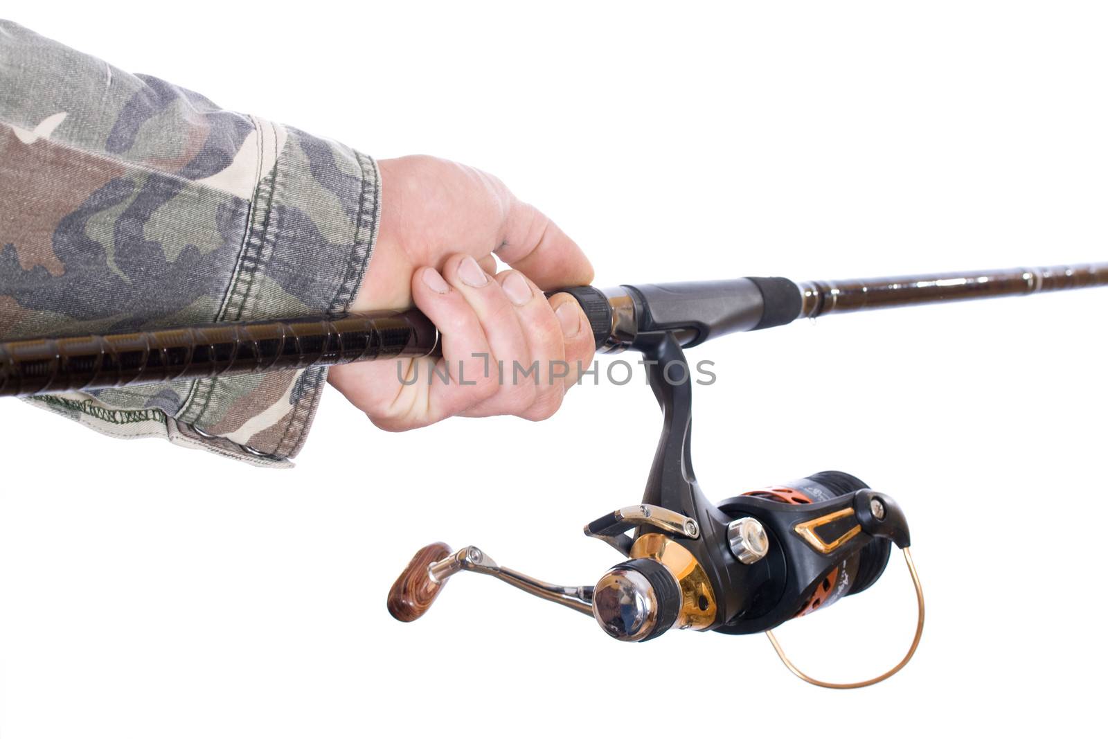 Closeup of a man hand holding a fishing rod and reel.