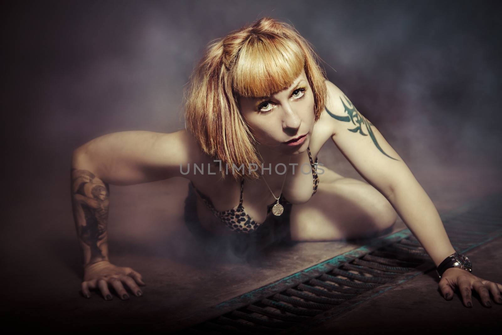 Erotic female model. Blonde girl in industrial scene by FernandoCortes