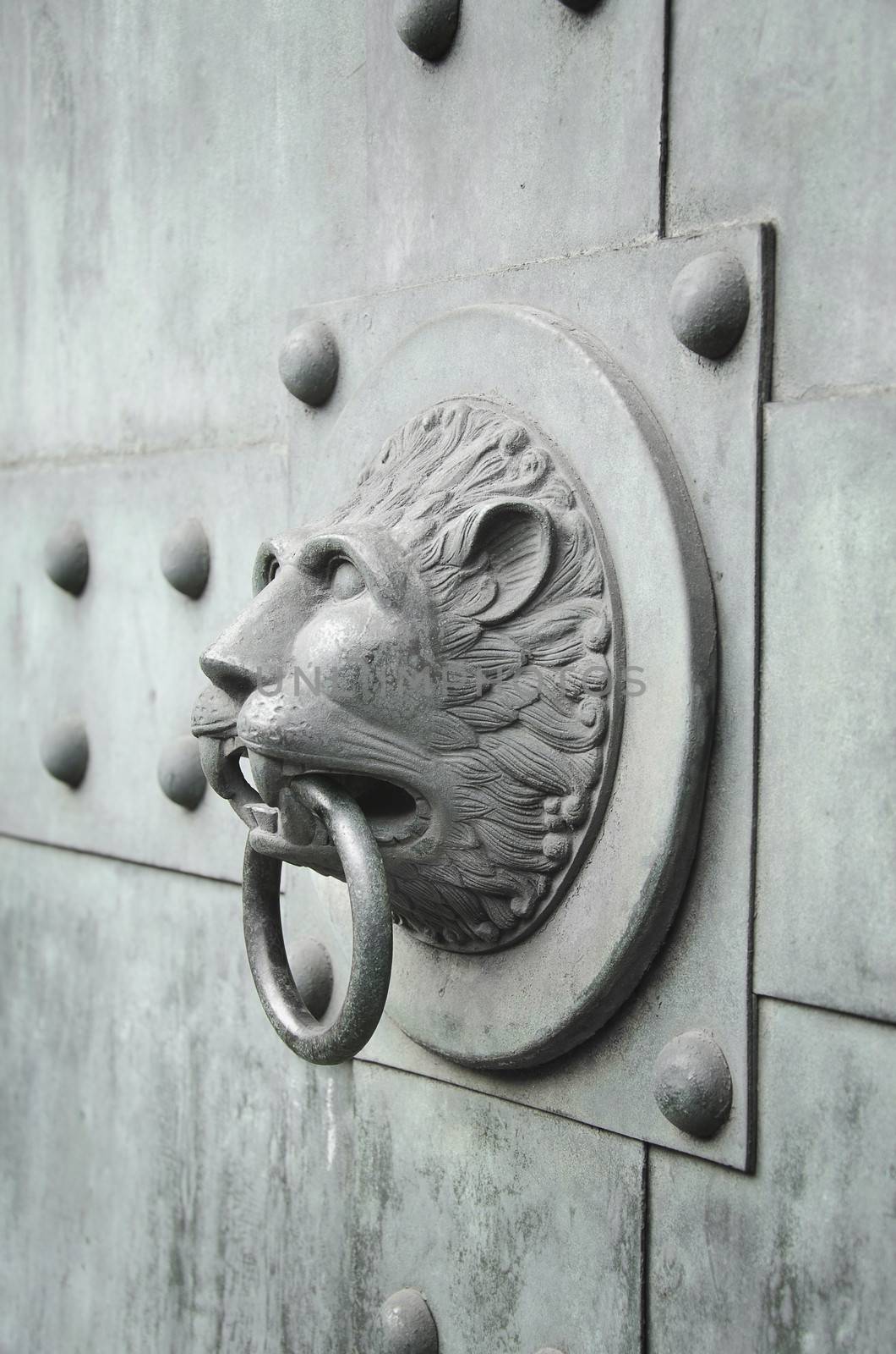 vertically oriented photo of a lion head shaped ancient door knocker