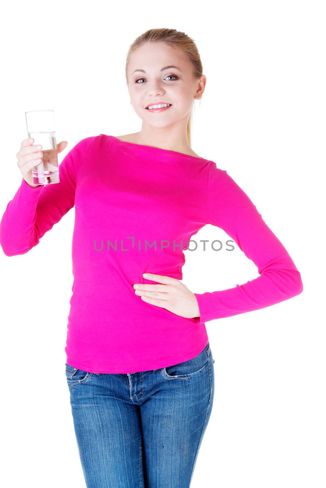 Young cauciasian woman with glass of water. Isolated on white.