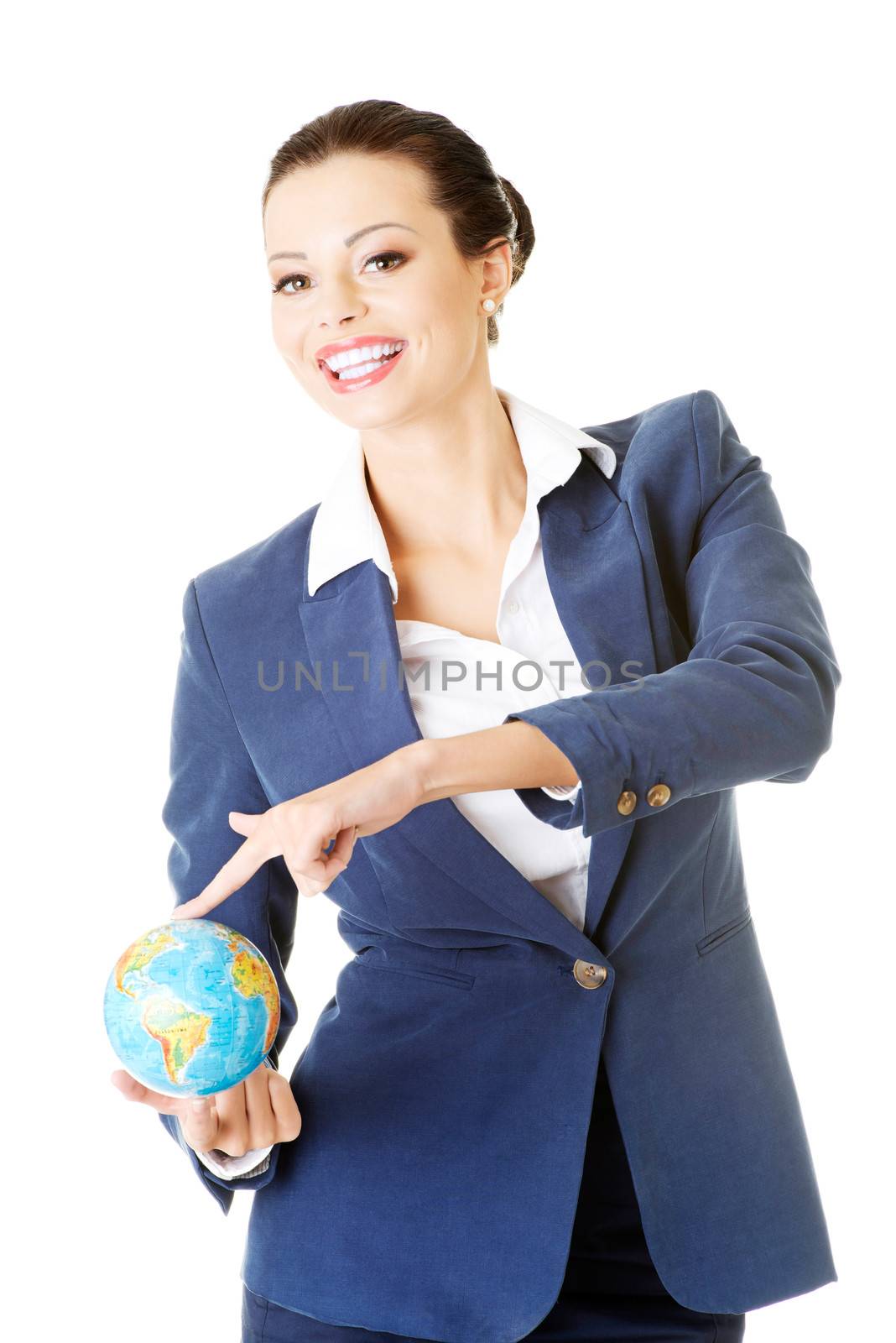 Young business woman holding small globe. Isolated on white.