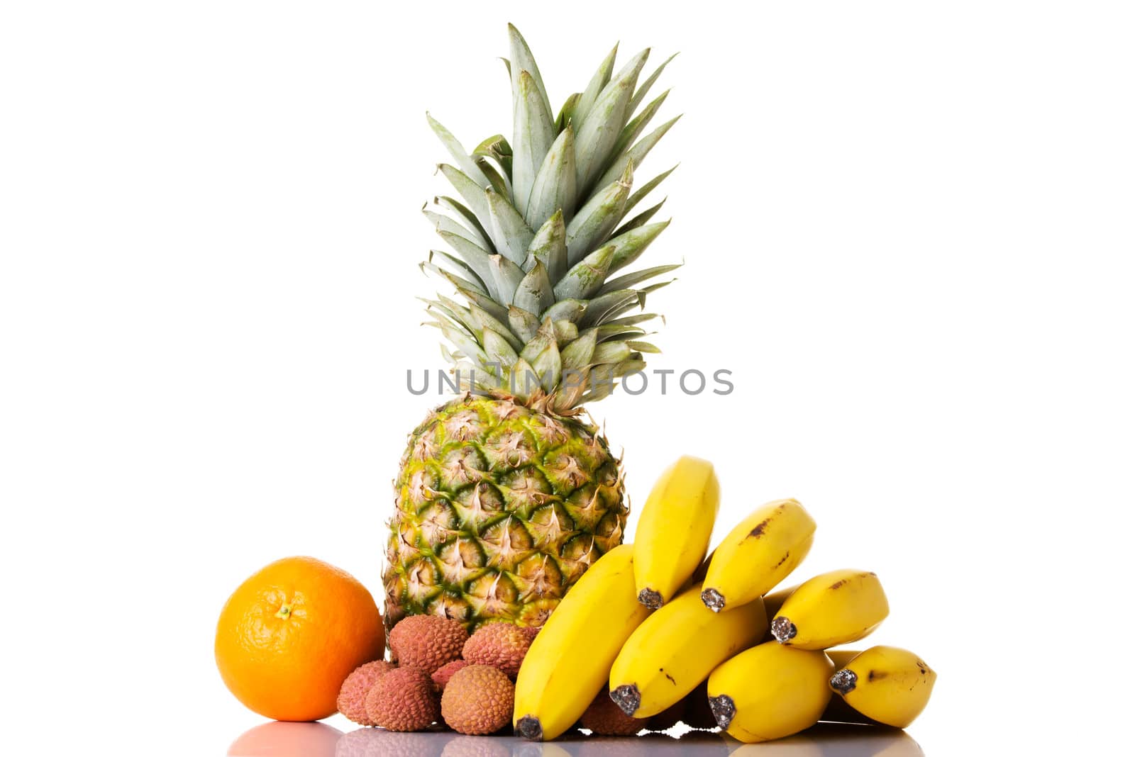 Composition of fresh exotic fruits. Isolated on white.