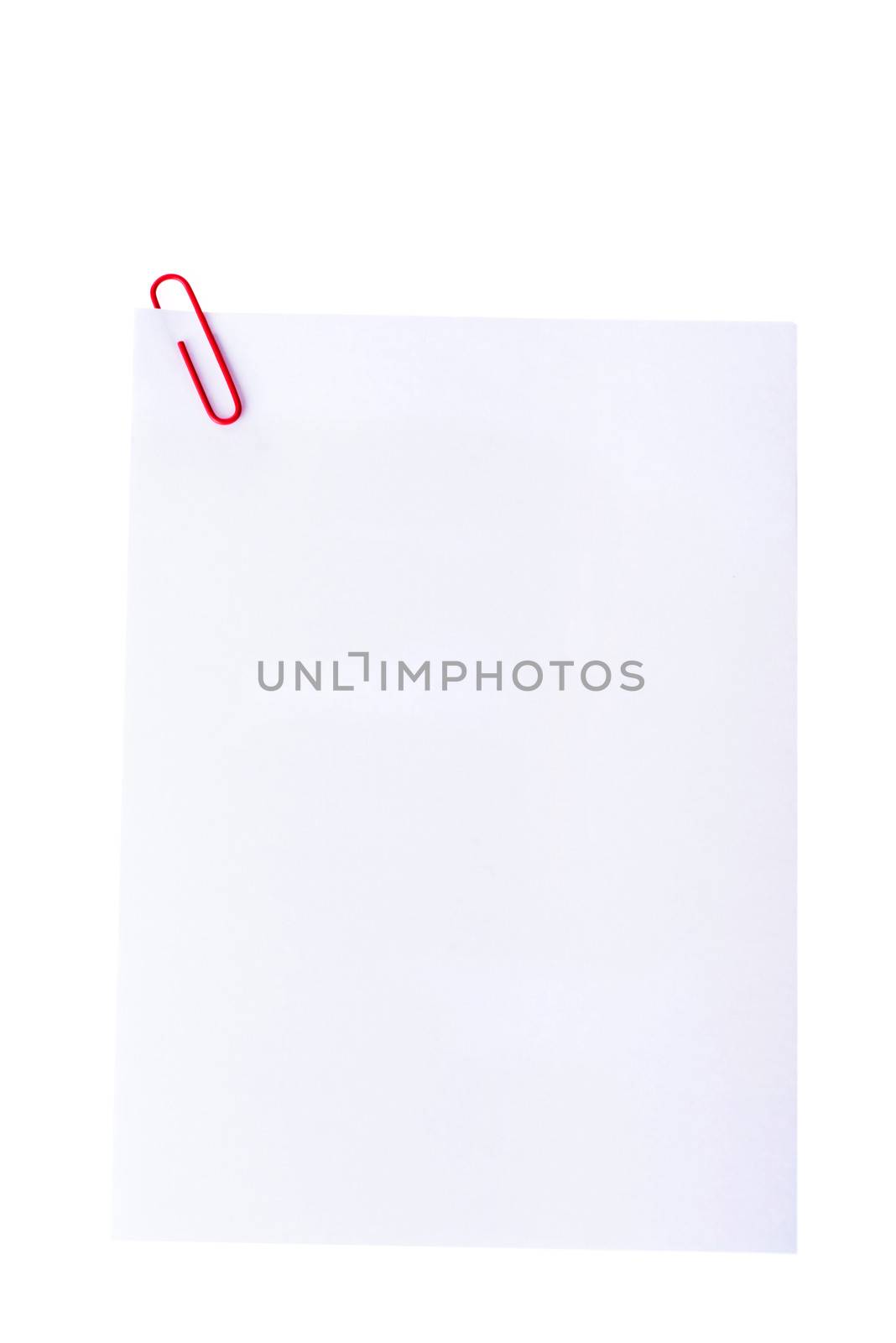 White paper with office clip. Isolated on white.