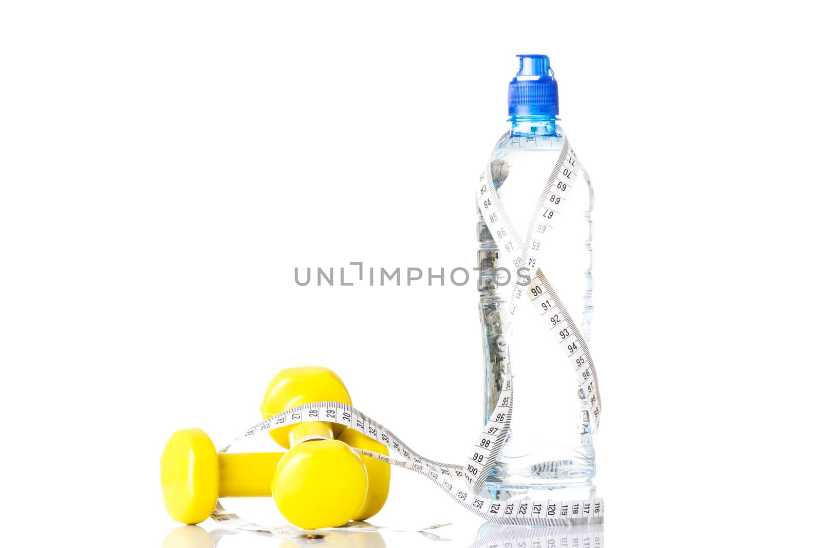 Bottle of water with measuring tape and weights. by BDS