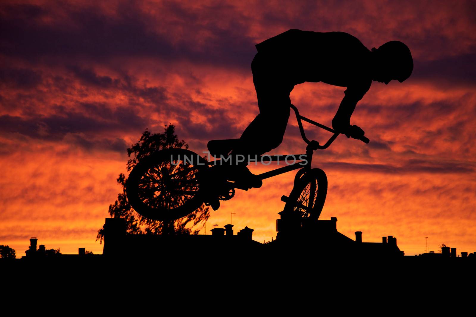 Silhouette of mountain biker with sunset 