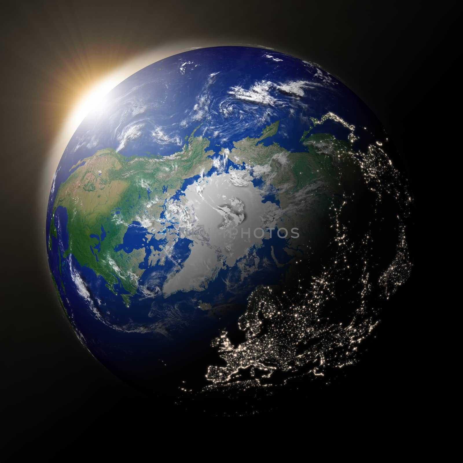 Sunset over northern hemisphere on planet Earth. High detail planet surface with city lights. Elements of this image furnished by NASA.