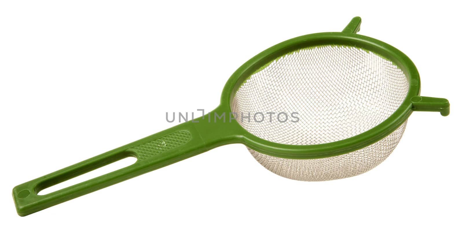 Sieve with green plastic handle