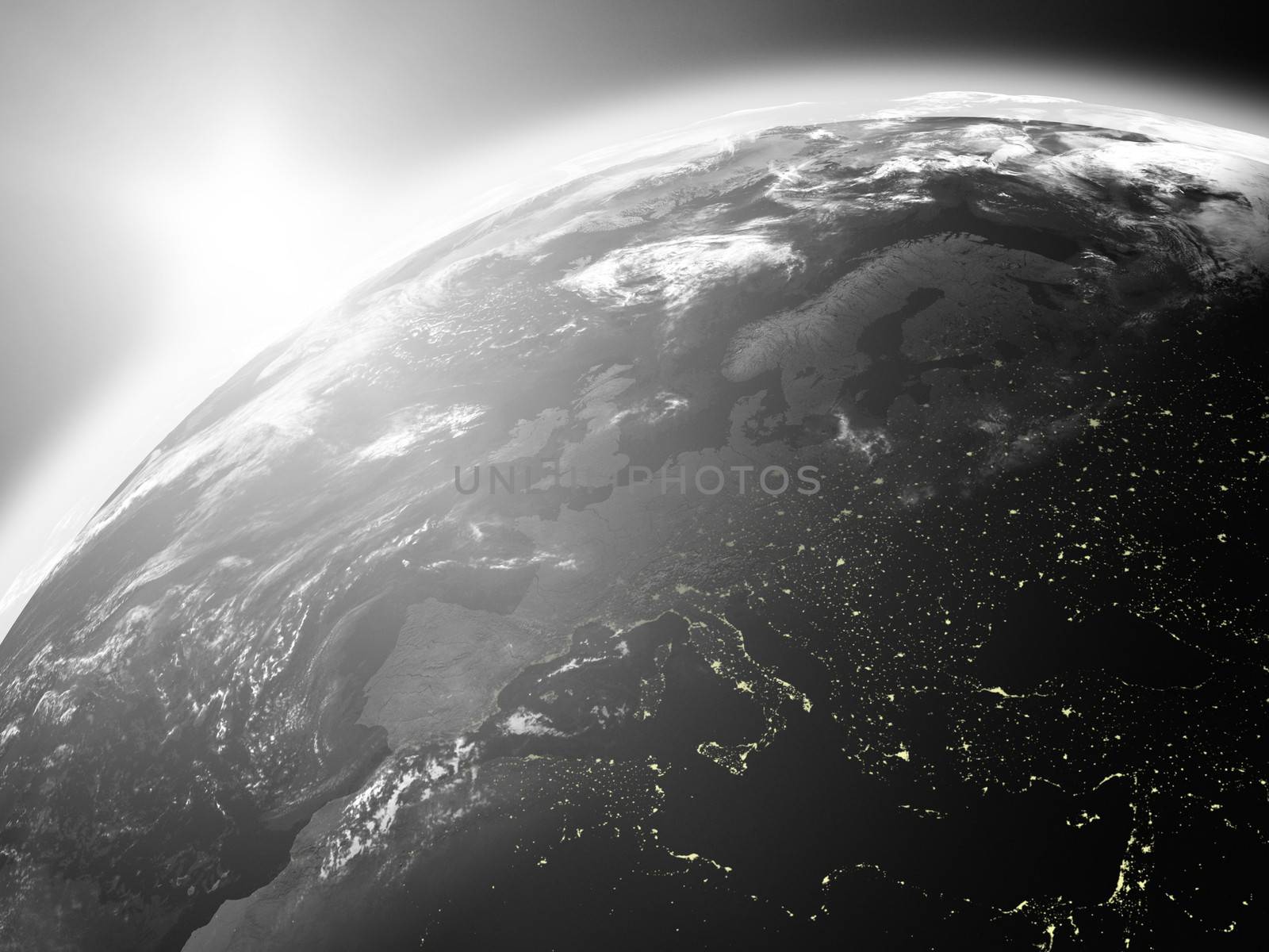 Space view of the sun rising over Europe on black planet Earth. Elements of this image furnished by NASA.