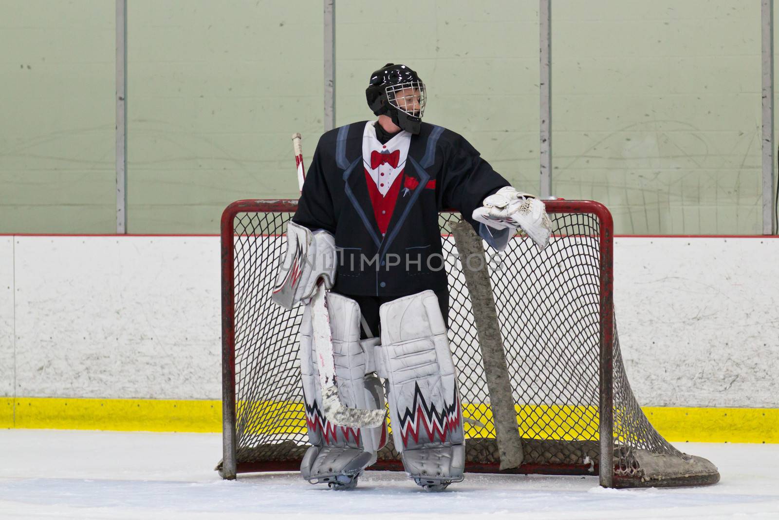 Hockey goalie in his net