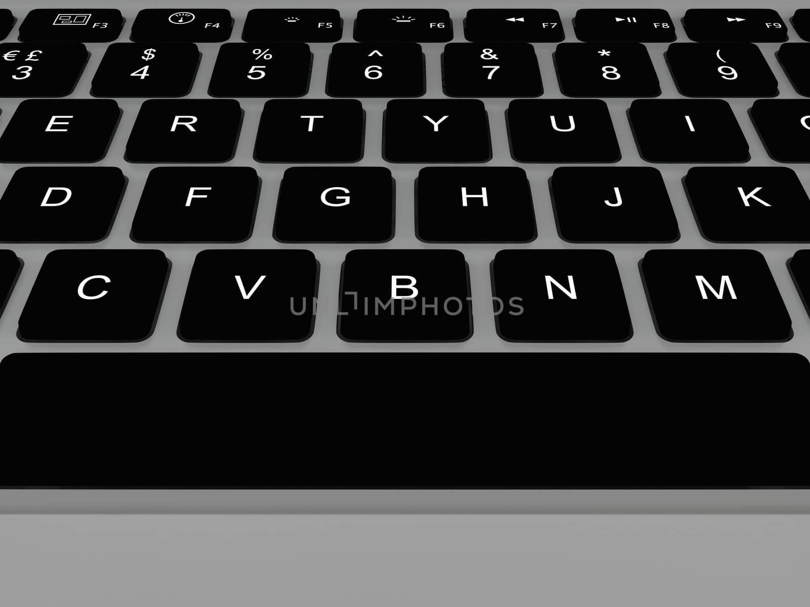 Top view of illuminated keyboard on modern laptop computer