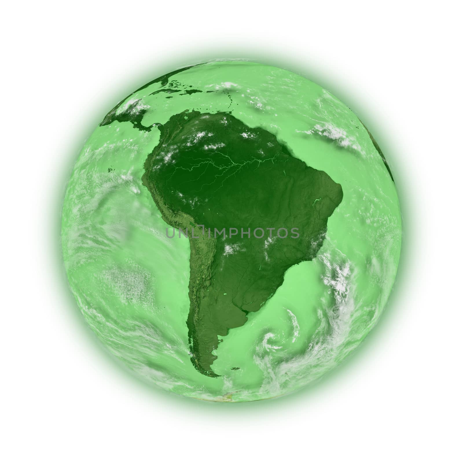 South America on green planet Earth isolated on white background. Highly detailed planet surface. Elements of this image furnished by NASA.