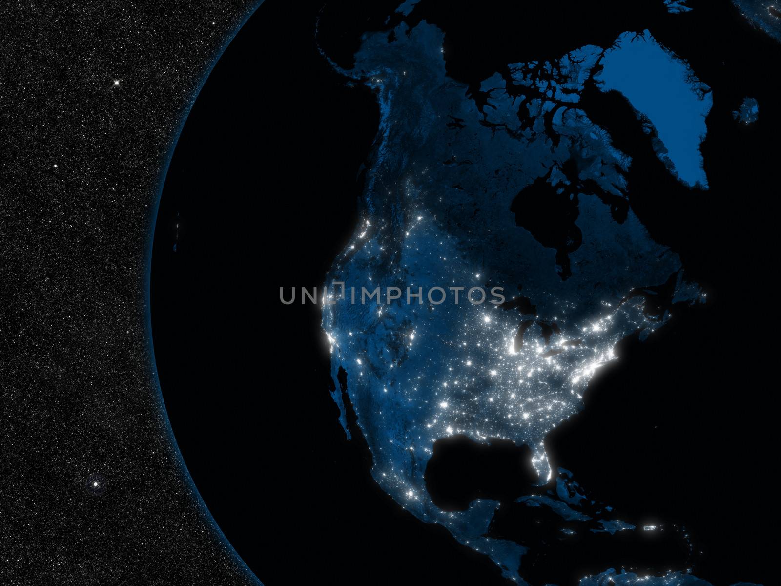 Night in North America with city lights viewed from space. Elements of this image furnished by NASA.