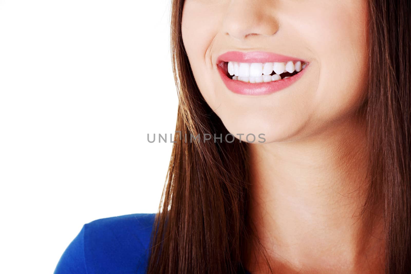 Beautiful woman smiling. Isolated on white.