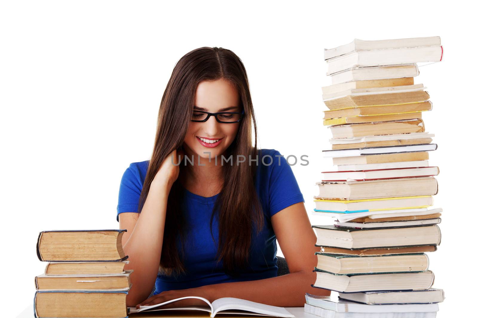 Young woman student with book. Isolated on white.