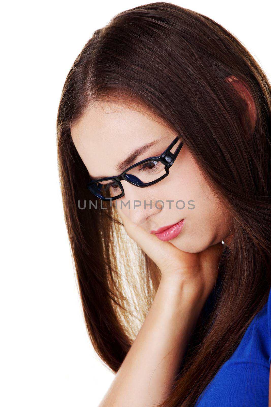 Young casual woman with toothache. Isolated on white.