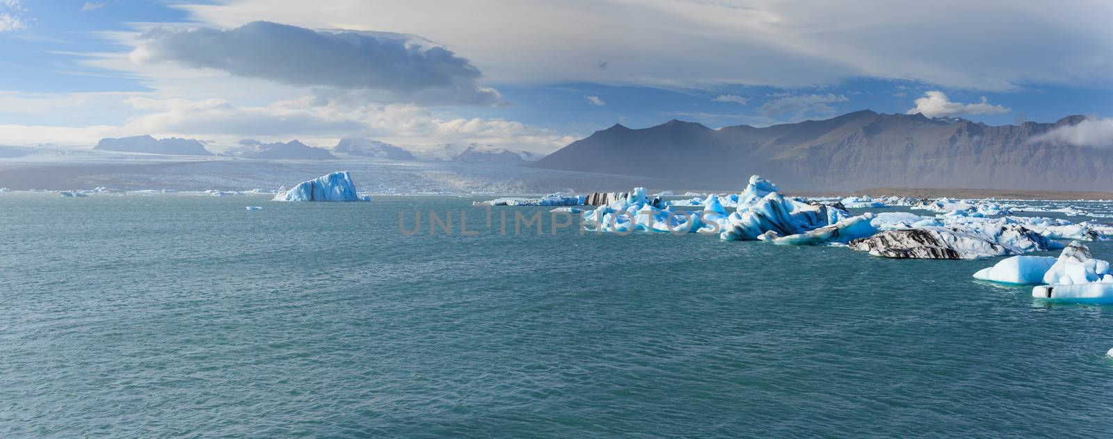 Jokulsarlon Glacier lagoon in Vatnajokull National Park, Iceland. Panorama.