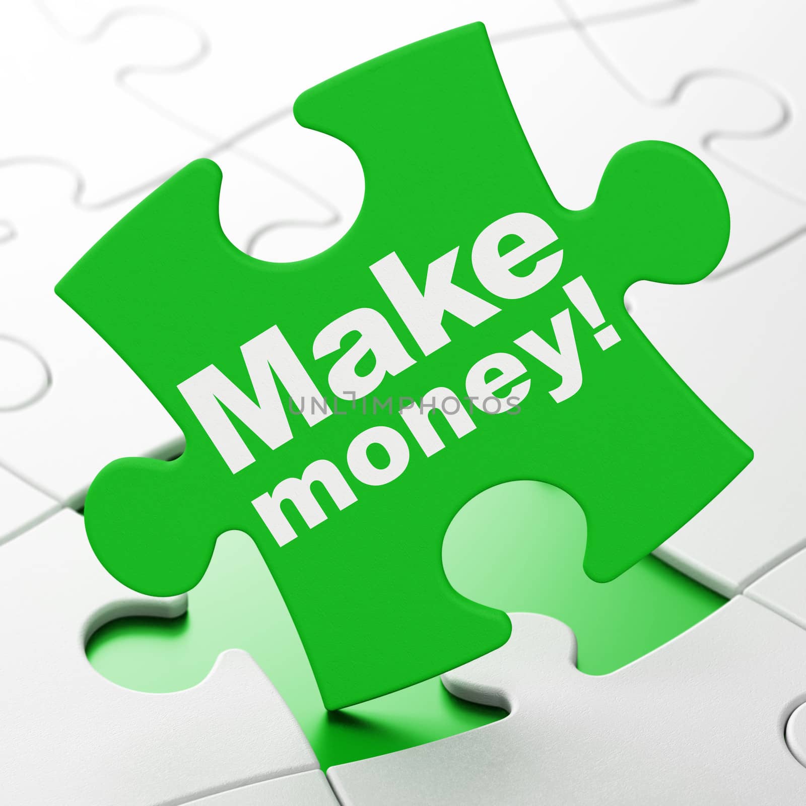 Finance concept: Make Money! on Green puzzle pieces background, 3d render