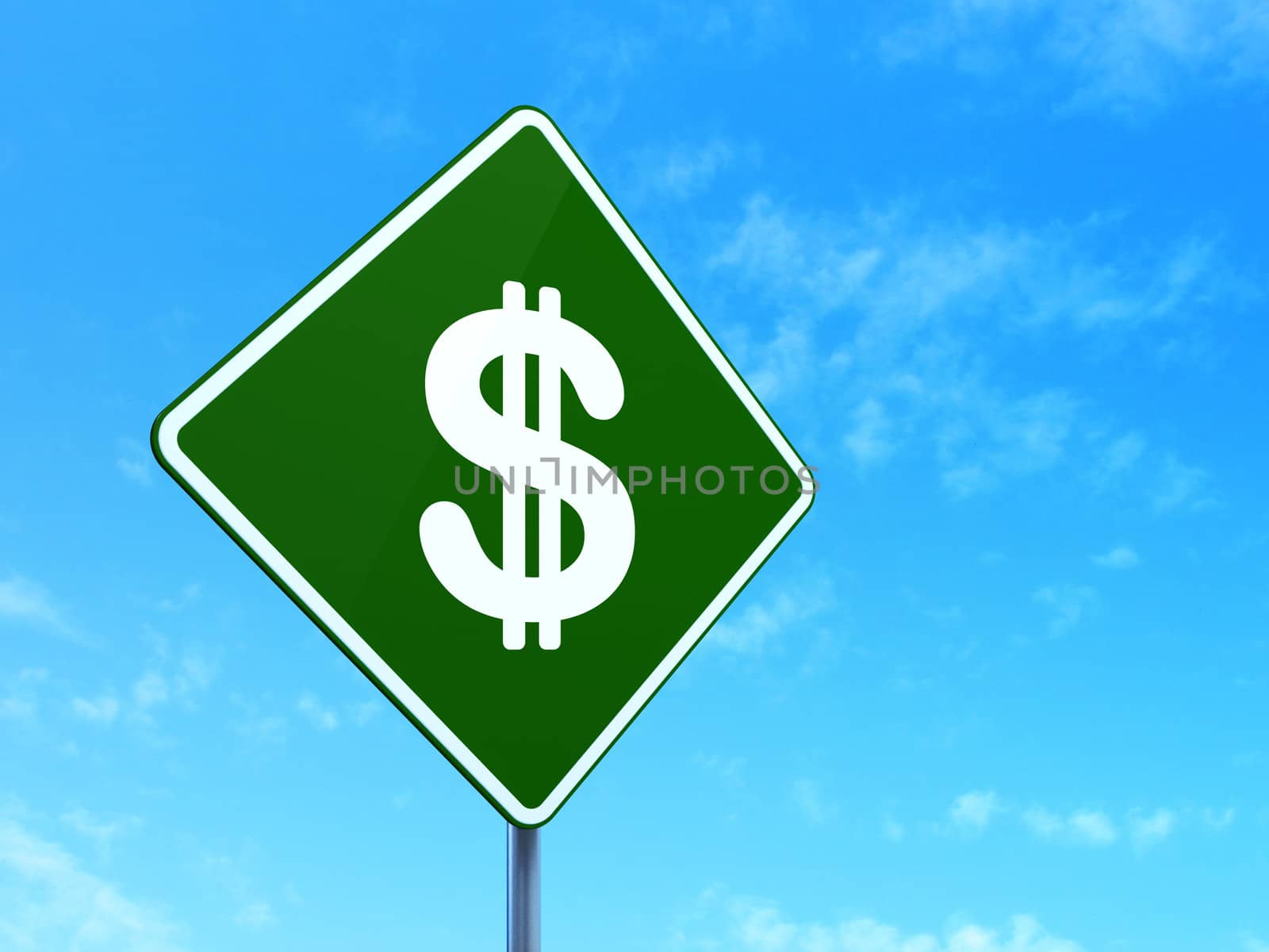 Currency concept: Dollar on green road (highway) sign, clear blue sky background, 3d render