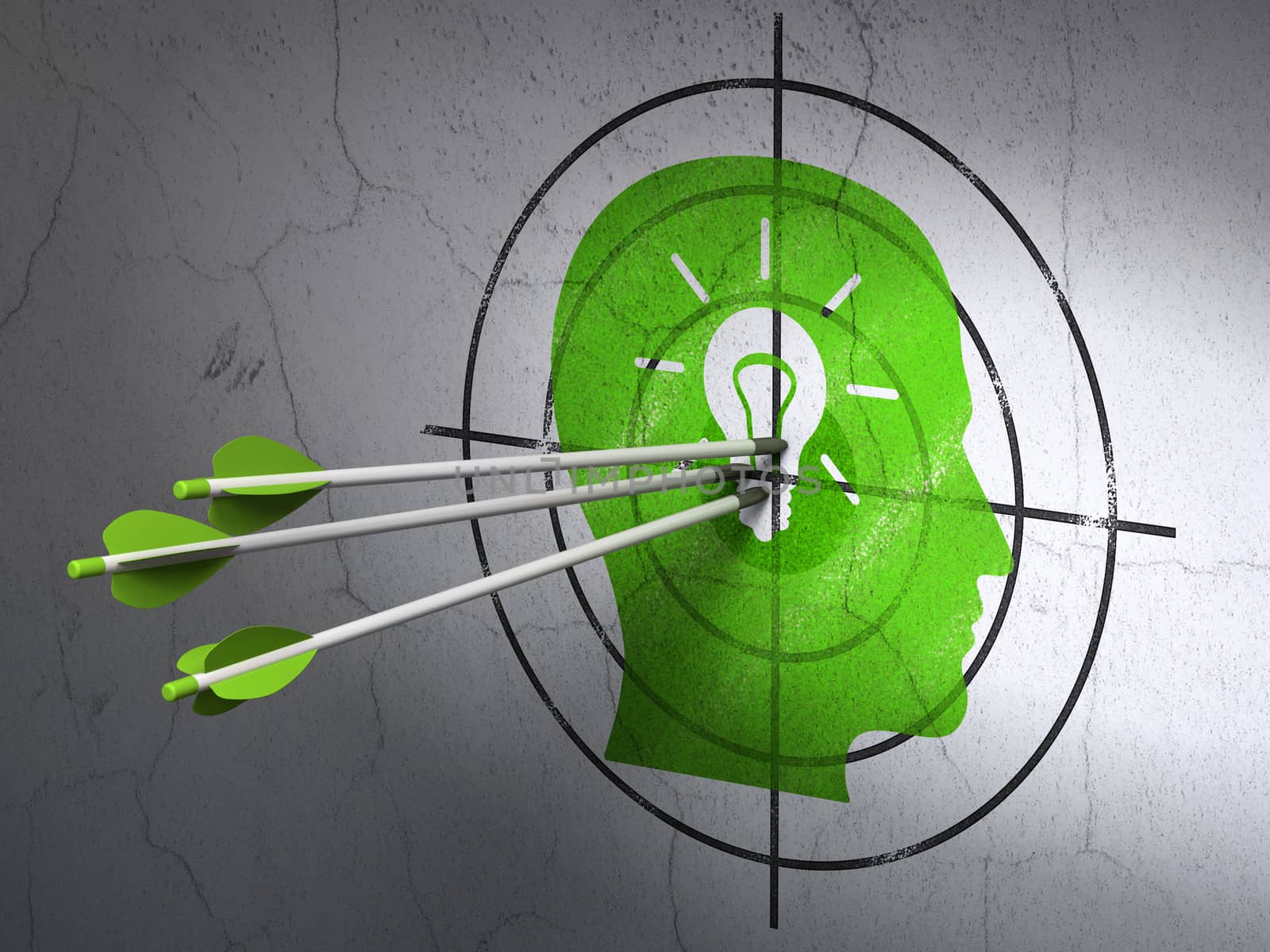 Success business concept: arrows hitting the center of Green Head With Light Bulb target on wall background, 3d render