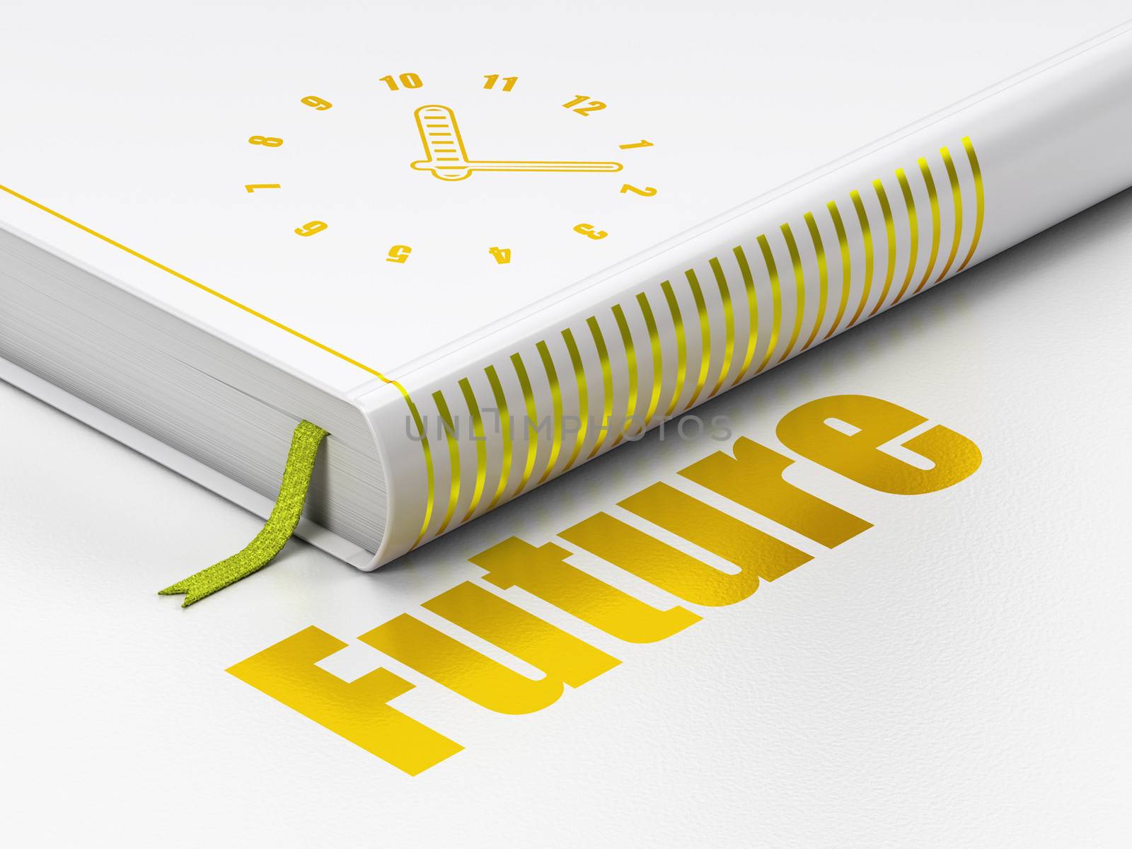 Time concept: closed book with Gold Clock icon and text Future on floor, white background, 3d render