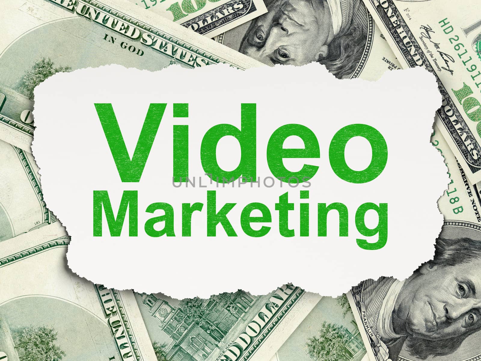 Business concept: torn paper with words Video Marketing on Money background, 3d render