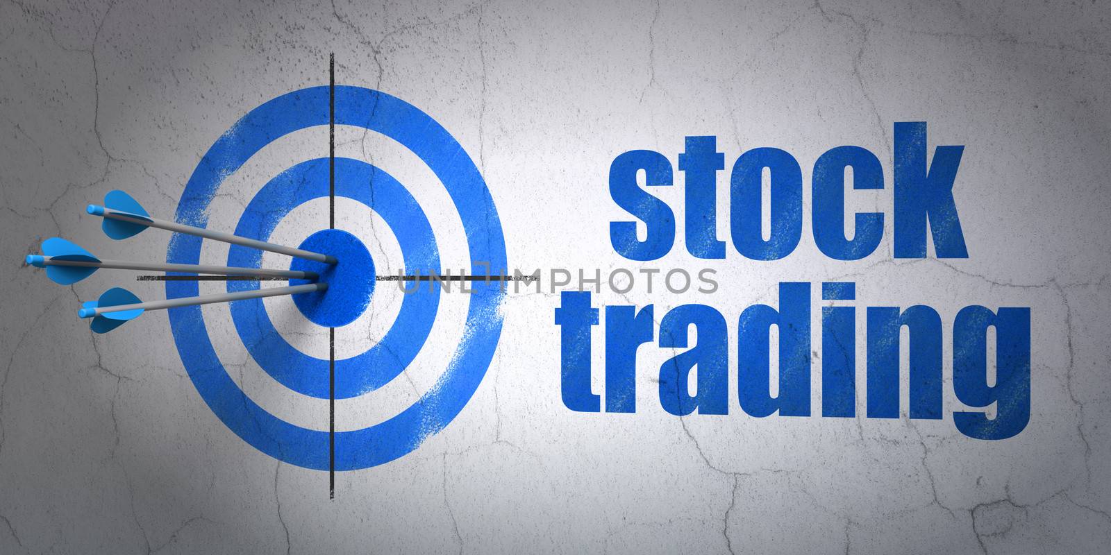 Success business concept: arrows hitting the center of target, Blue Stock Trading on wall background, 3d render
