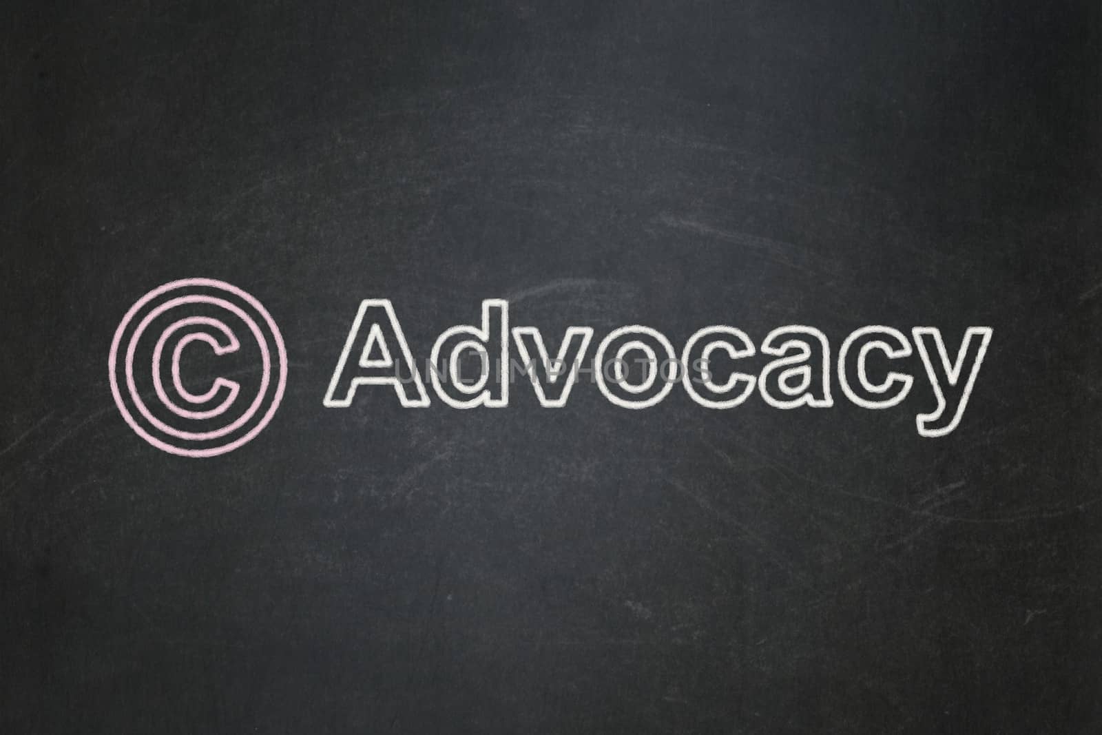 Law concept: Copyright icon and text Advocacy on Black chalkboard background, 3d render