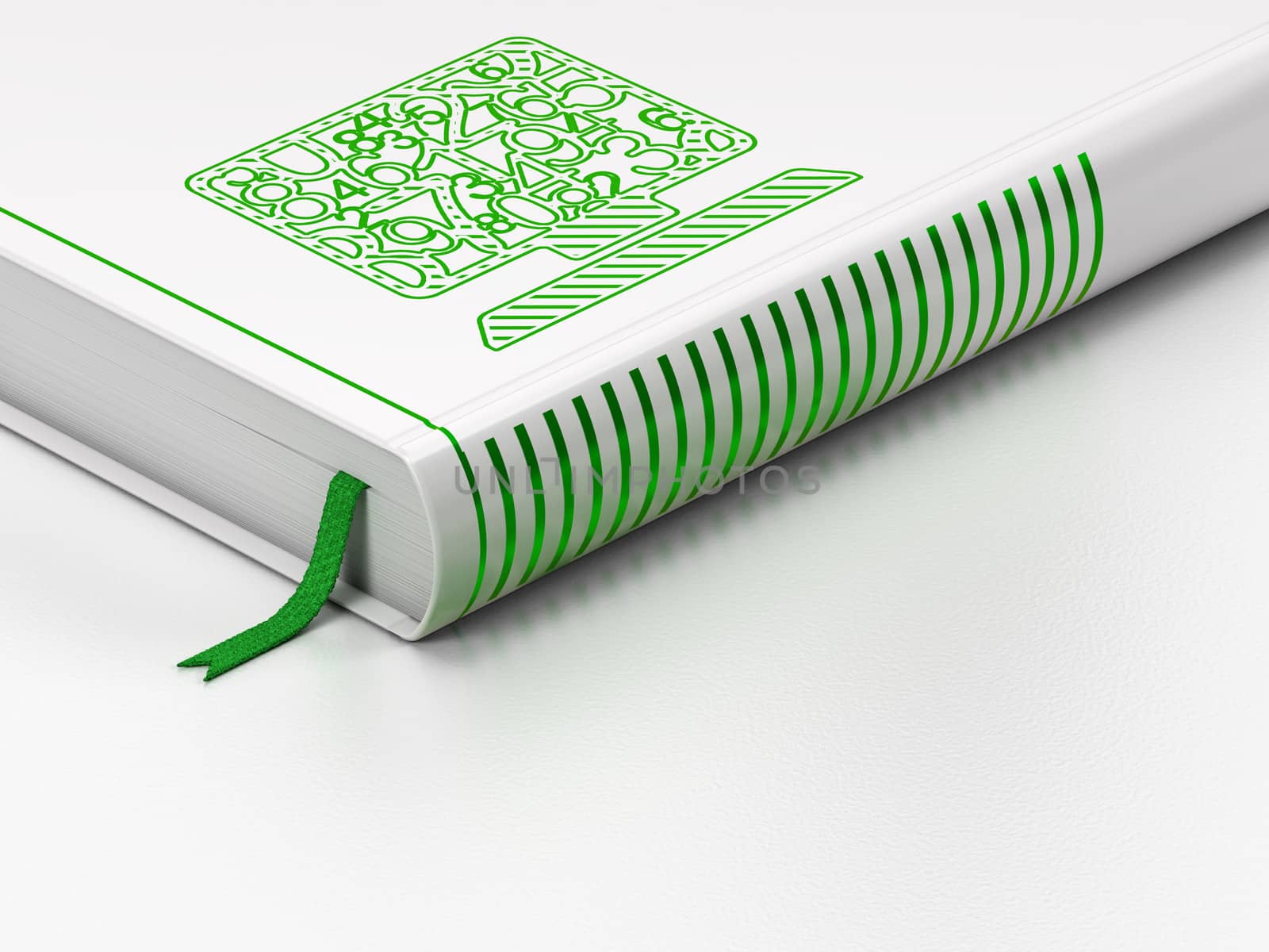 Education concept: closed book with Green Computer Pc icon on floor, white background, 3d render