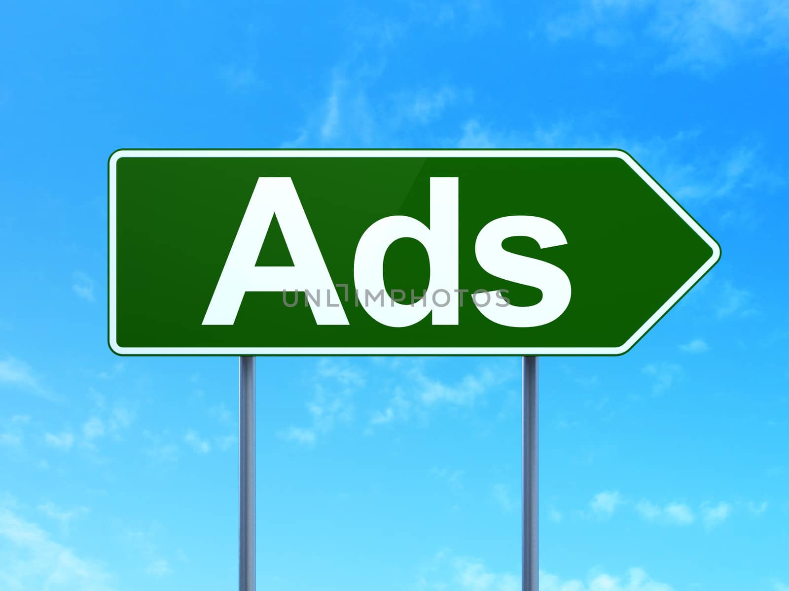 Marketing concept: Ads on green road (highway) sign, clear blue sky background, 3d render