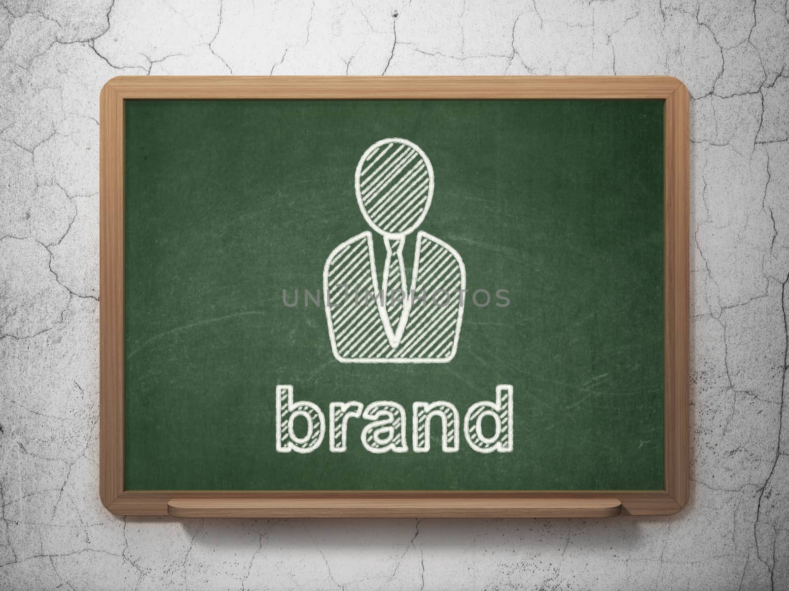 Advertising concept: Business Man icon and text Brand on Green chalkboard on grunge wall background, 3d render