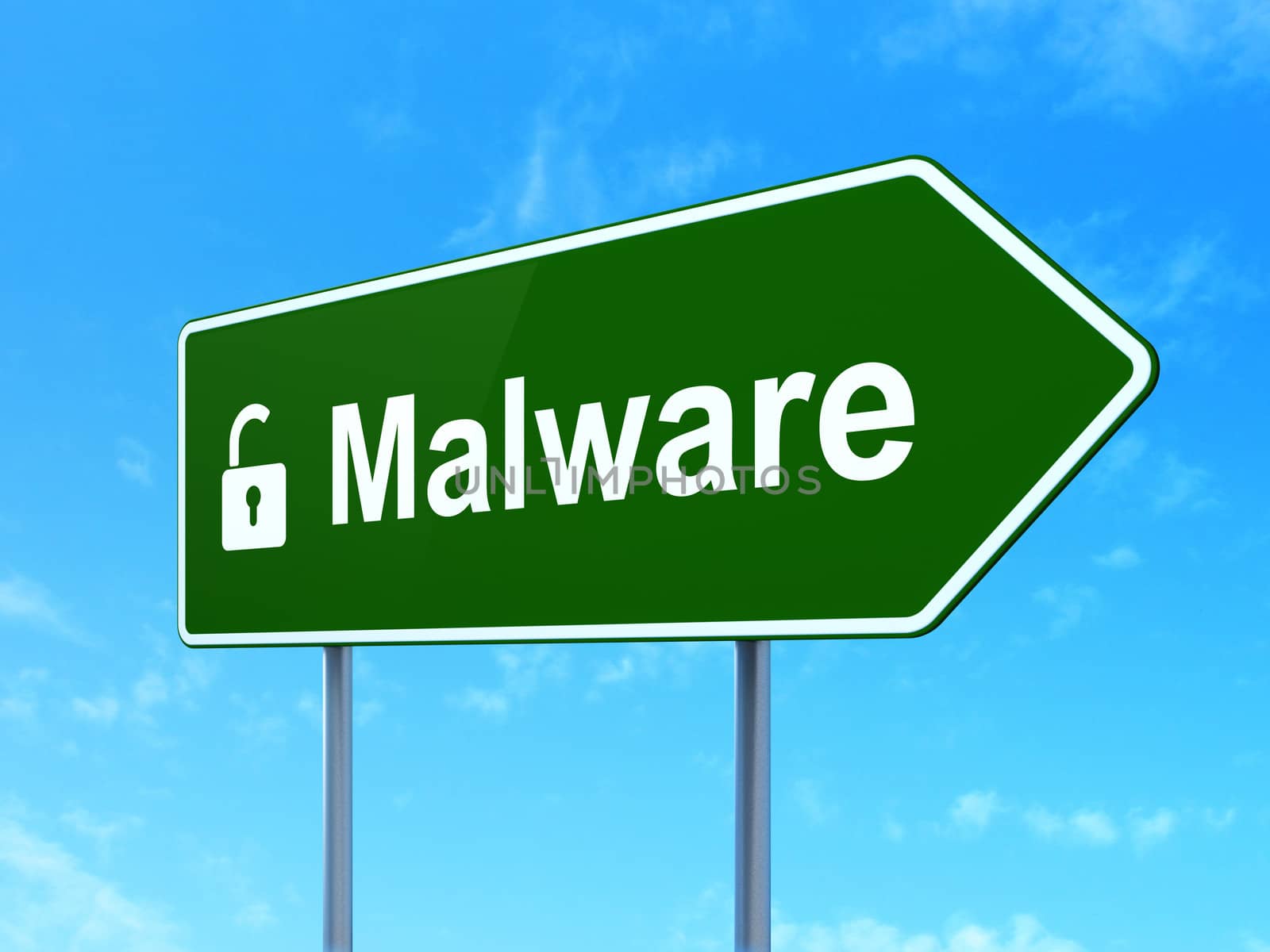 Security concept: Malware and Opened Padlock icon on green road (highway) sign, clear blue sky background, 3d render