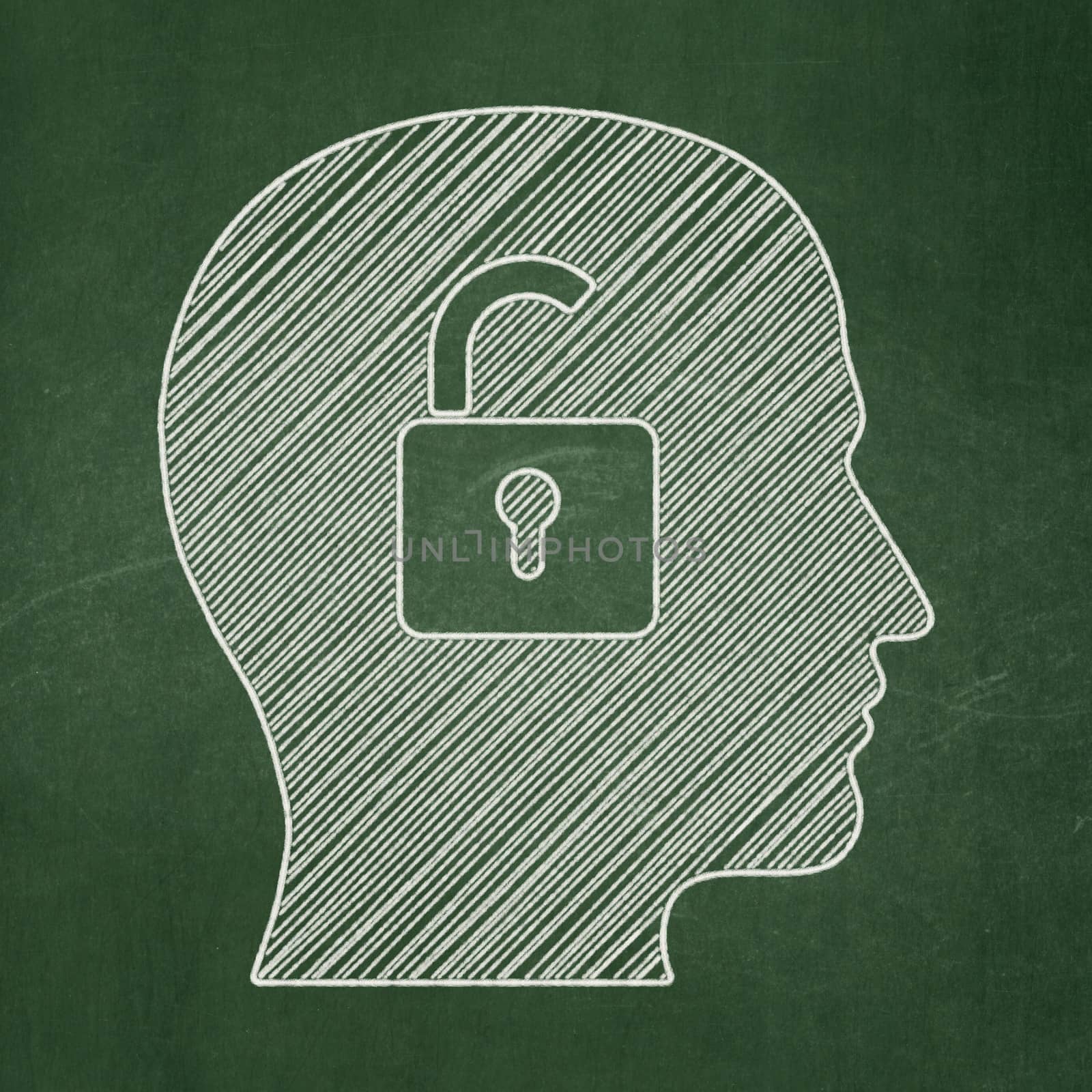 Business concept: Head With Padlock icon on Green chalkboard background, 3d render