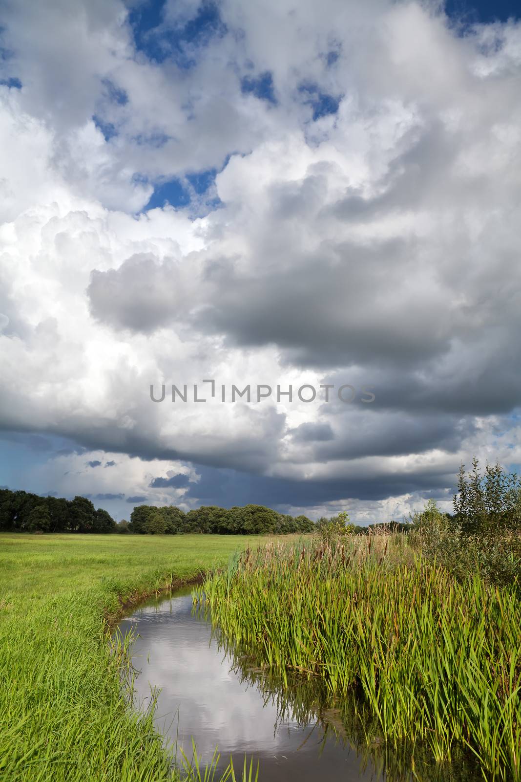 dramatic storm clouds over river, Drenthe, Netherlands