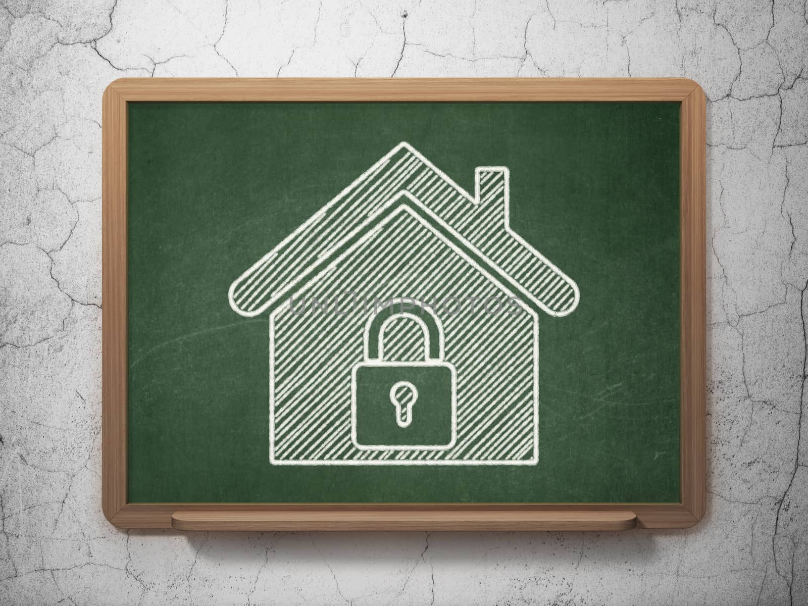 Privacy concept: Home icon on Green chalkboard on grunge wall background, 3d render