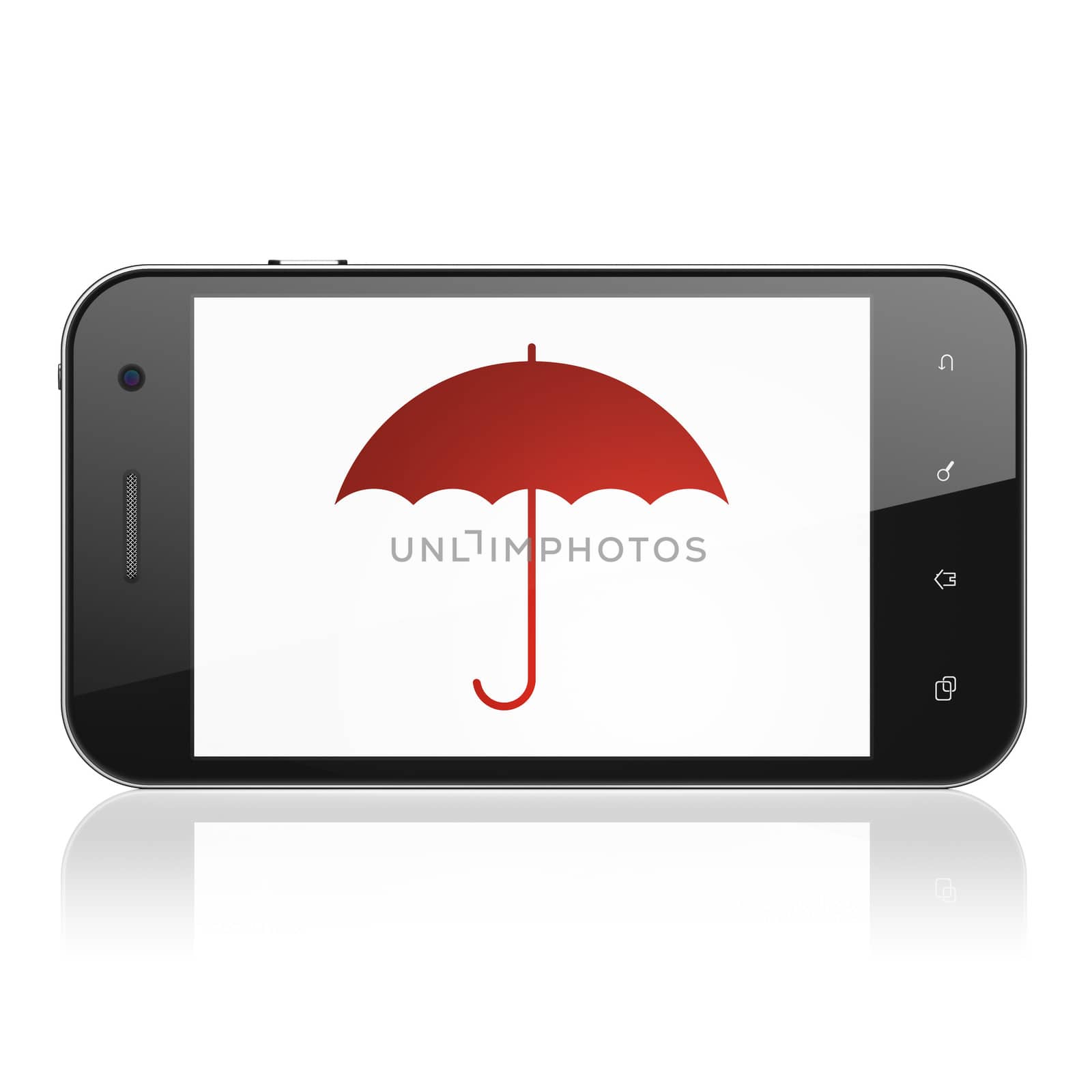 Protection concept: smartphone with Umbrella icon on display. Mobile smart phone on White background, cell phone 3d render