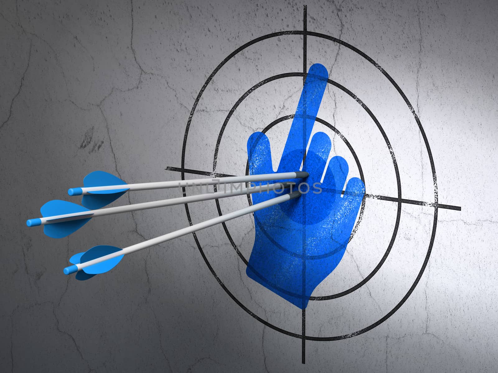 Success social network concept: arrows hitting the center of Blue Mouse Cursor target on wall background, 3d render