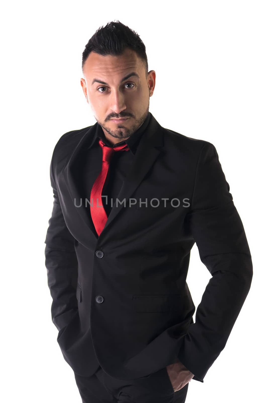 Elegant man with black business suit and red neck-tie by artofphoto