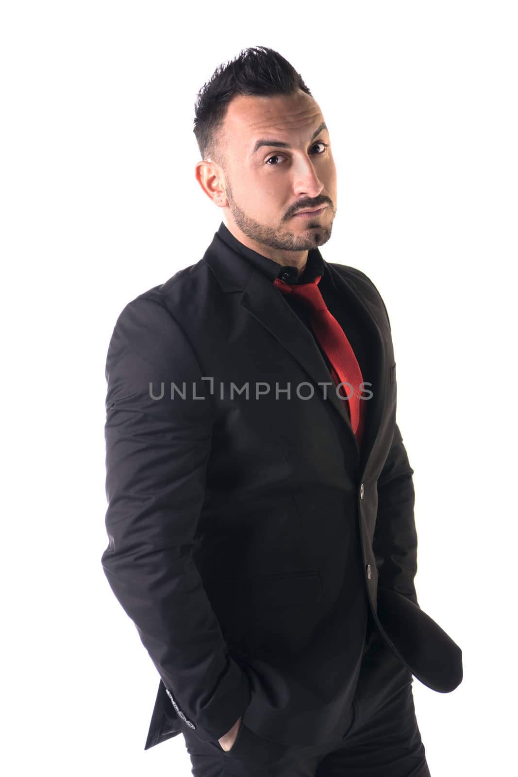 Elegant man with black business suit and red neck-tie, isolated on white background