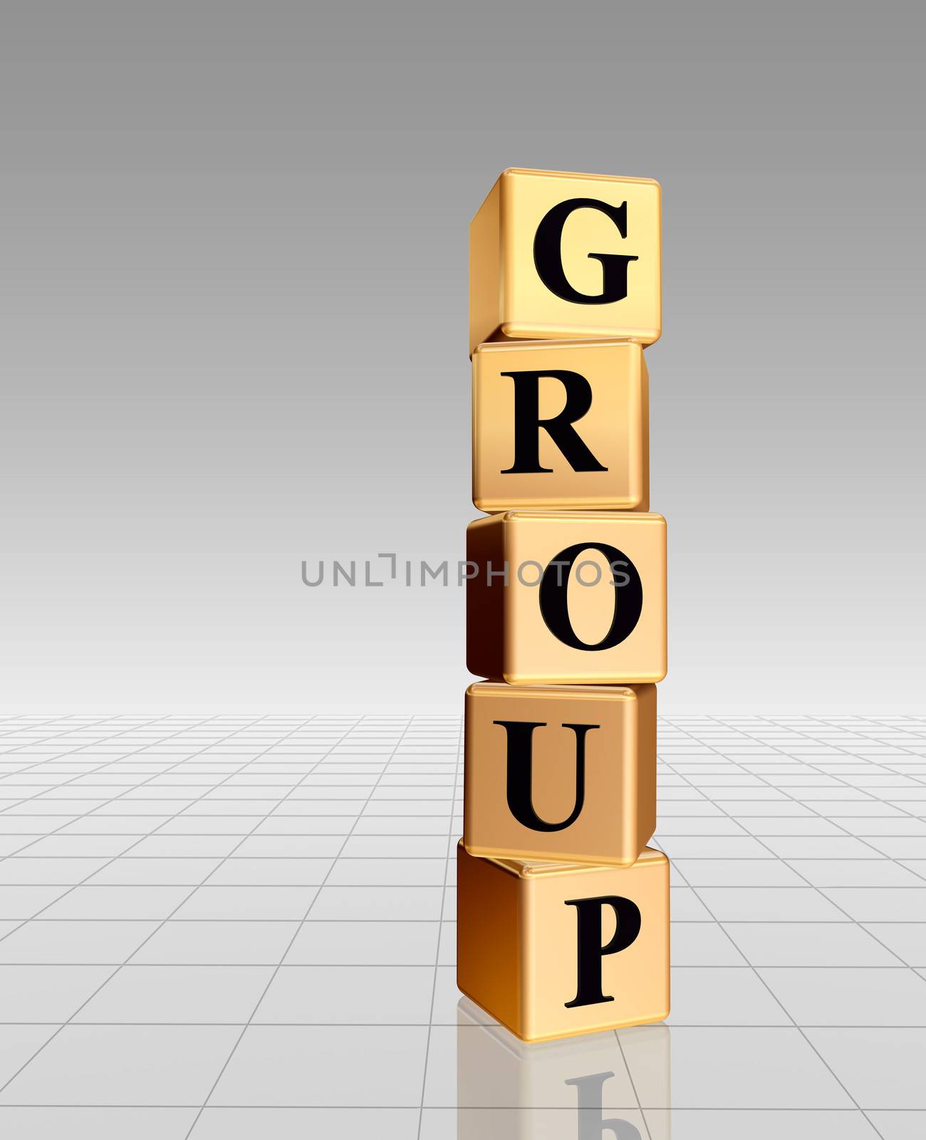 3d golden boxes with text - group, word, with reflection