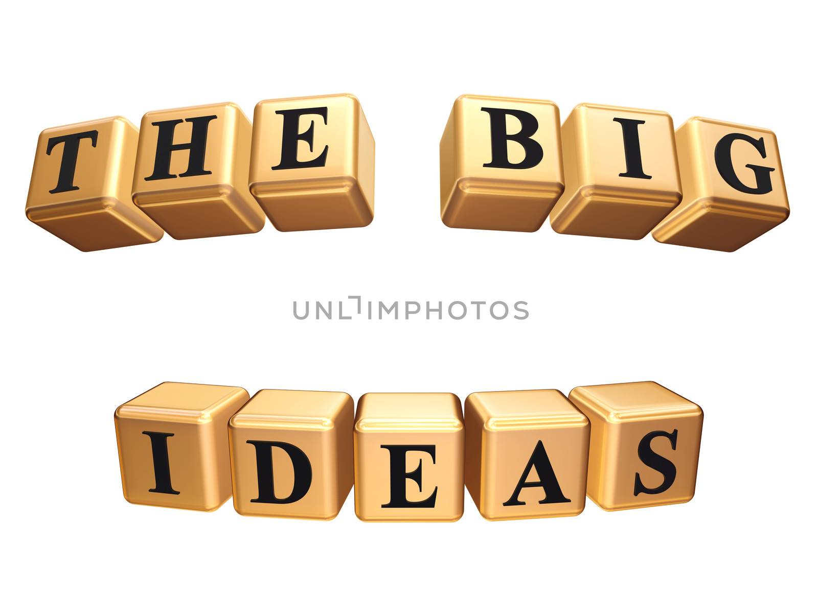 3d golden boxes with black letters with text - the big ideas, isolated
