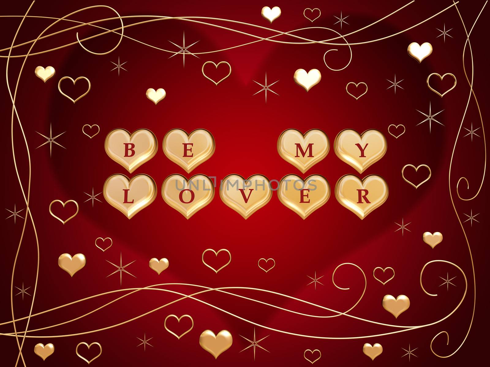 3d golden hearts, red letters, text - be my lover, flowers, stars