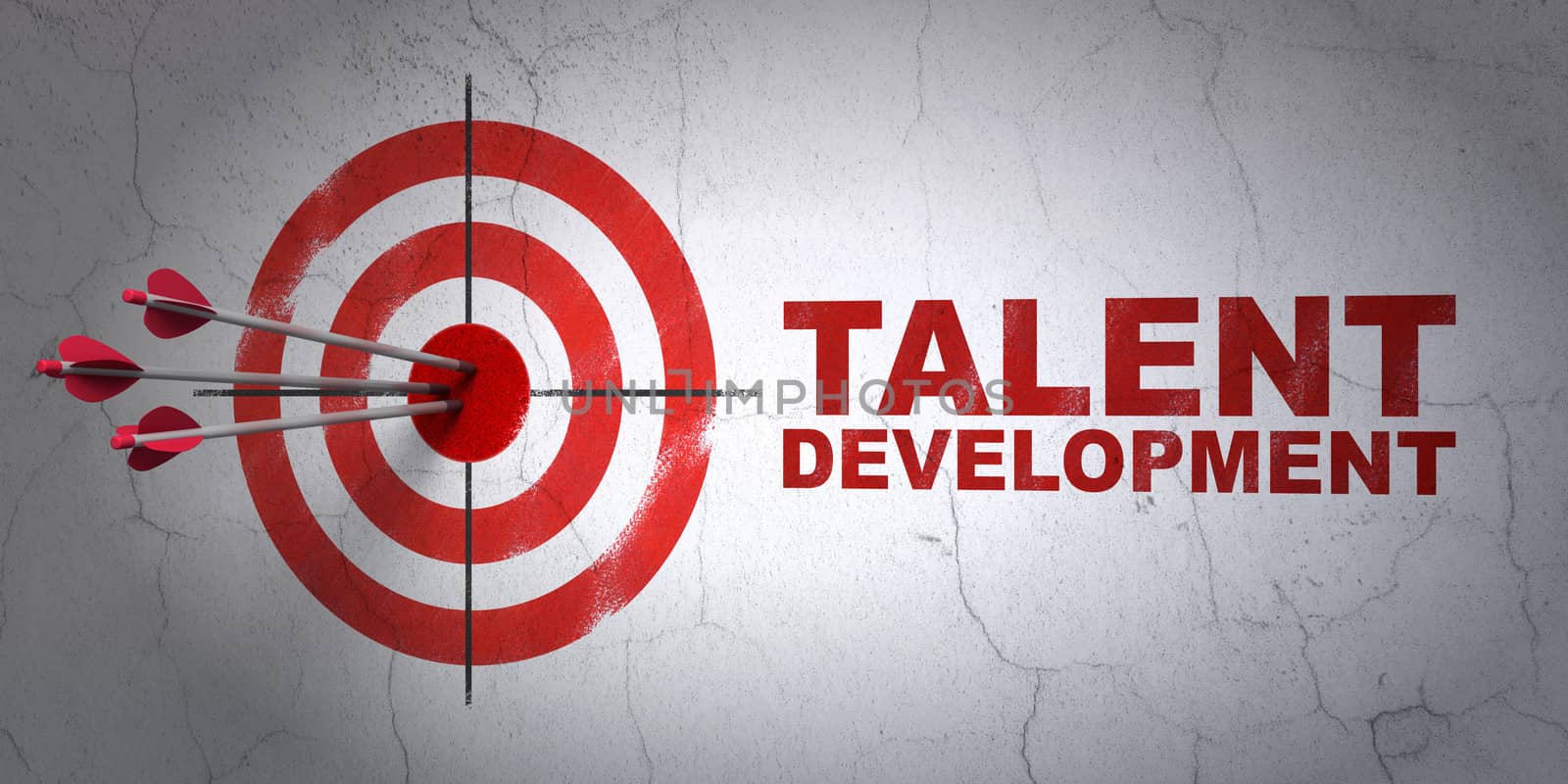 Success Education concept: arrows hitting the center of target, Red Talent Development on wall background, 3d render