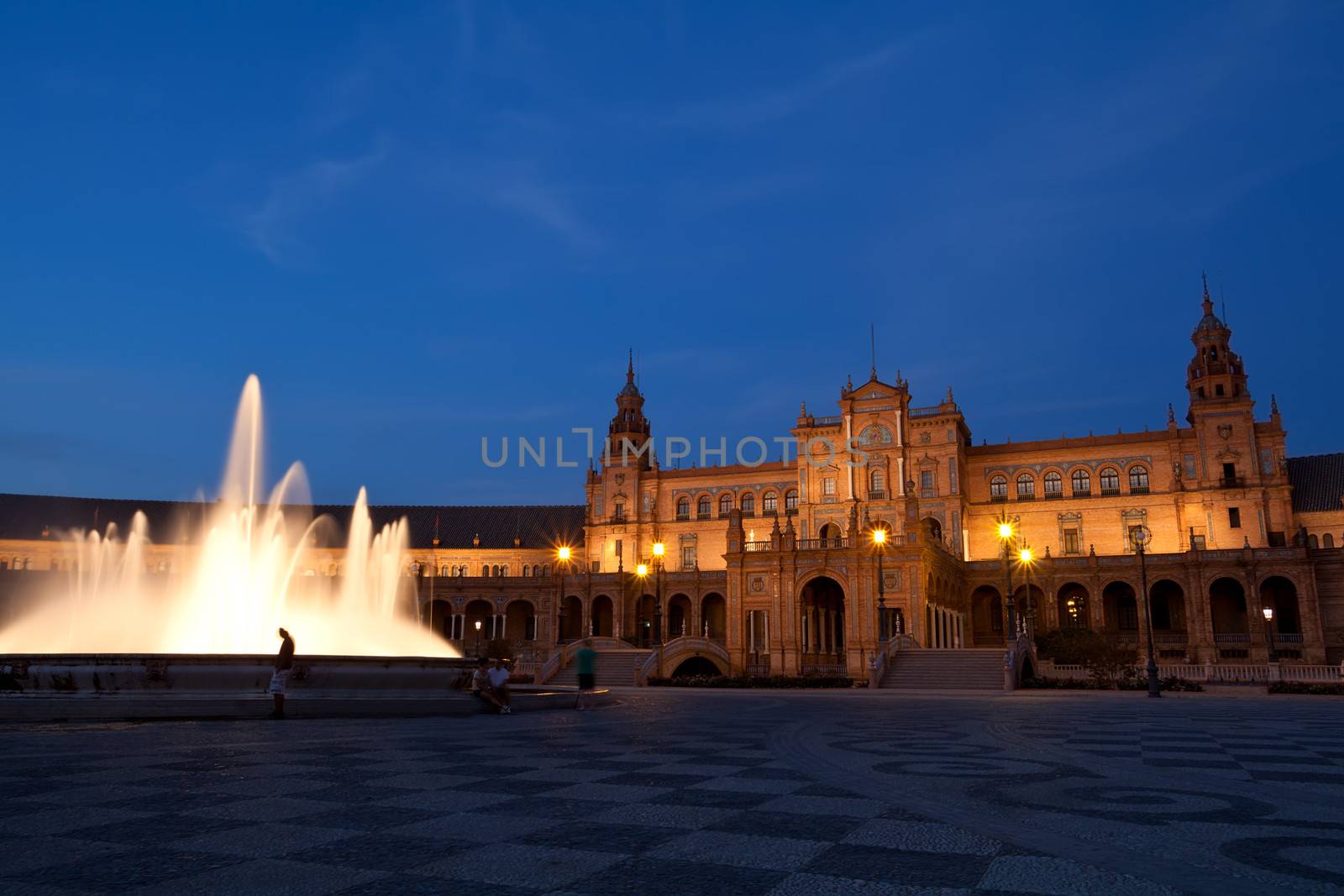 fountain by Plaza de Espana in Seville at night, Andalusia