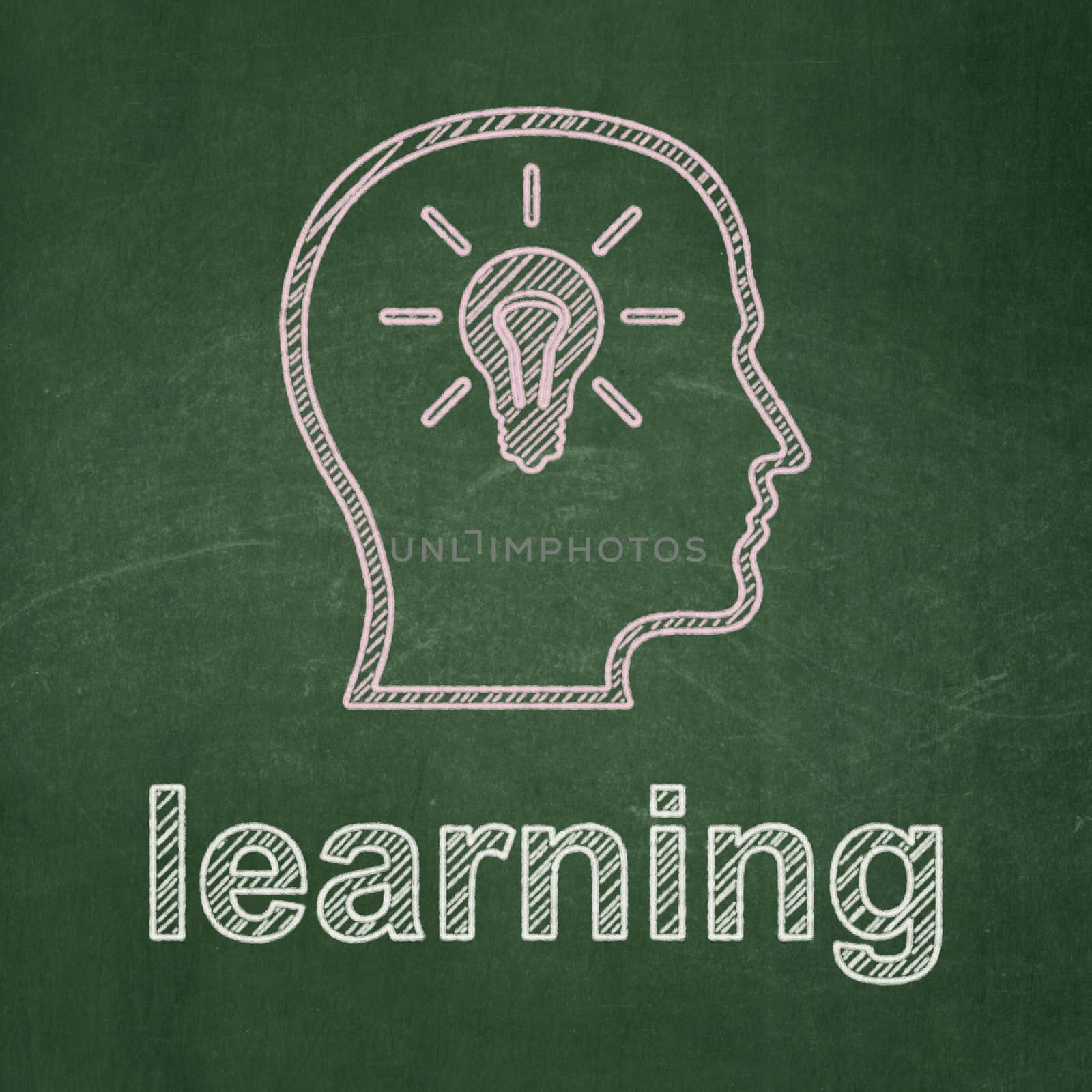 Education concept: Head With Lightbulb icon and text Learning on Green chalkboard background, 3d render